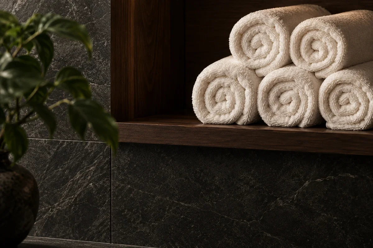 Illustrative still life of rolled towels on a dark shelf